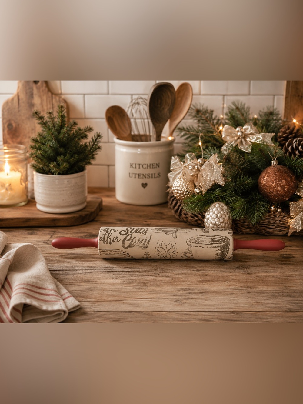 Festive Rolling Pin with Red Handles